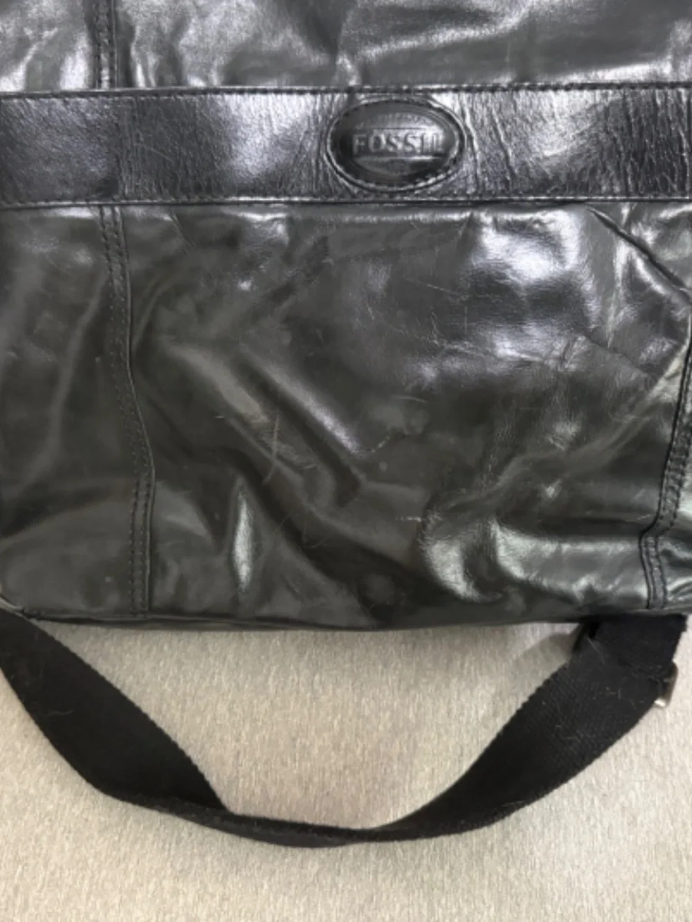 Fossil Black Leather Messenger Bag Crossbody Laptop Satchel Vintage